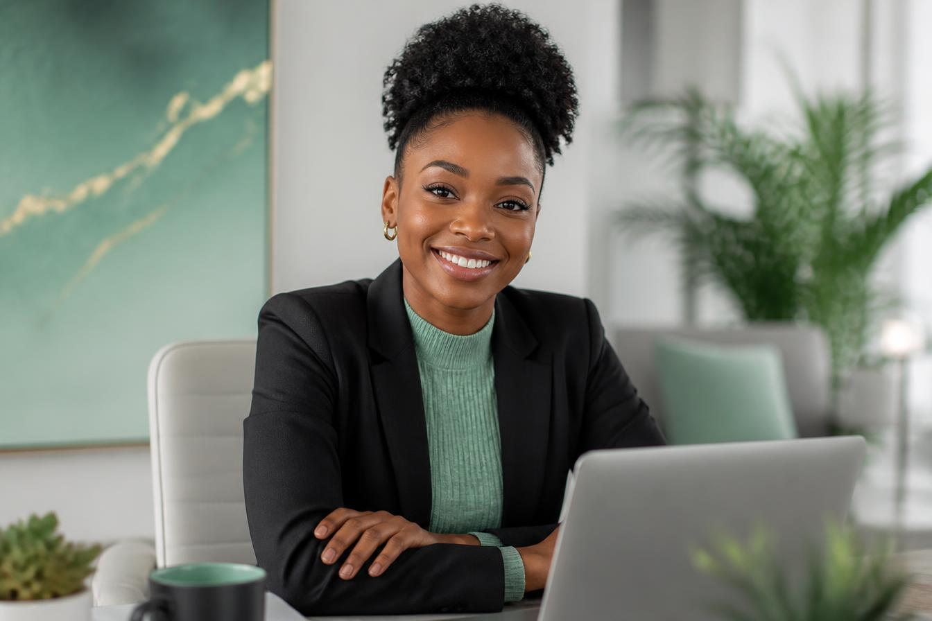 A BLEXware consultant smiling while working with a client on a laptop