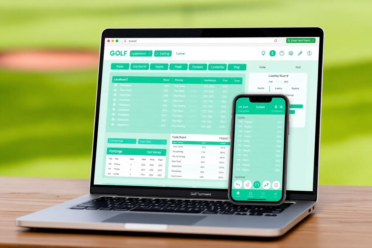 SportE Golf tournament platform showing live scoring and pairings on a laptop and phone